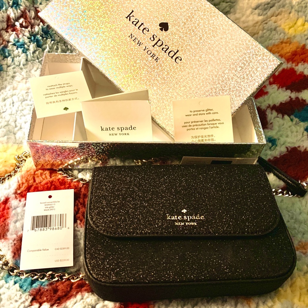 Kate Spade Lola black glitter convertible belt bag/ crossbody with gift box